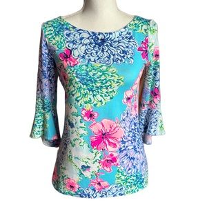 Lilly Pulitzer 3/4 Fluted Sleeve Floral Fontaine Top Women’s Size XS